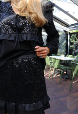 NOR LS FRILL BLOUSE - BLACK SEQUINS