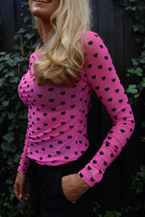 MESH LS TSHIRT - PINK BLACK FLOCK HEART