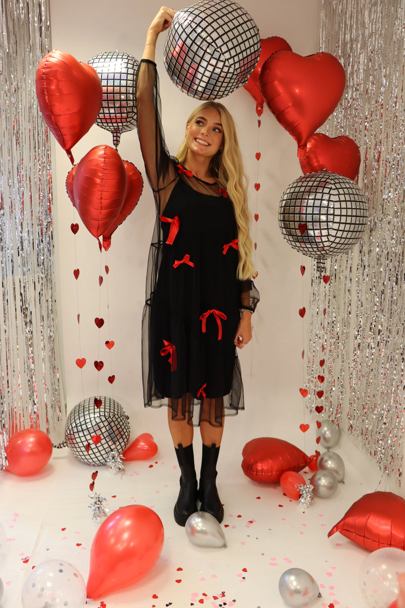 TULLE-LS-BOW-DRESS - BLACK RED BOW