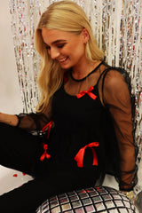 TULLE-LS-BOW-BLOUSE - BLACK RED BOW