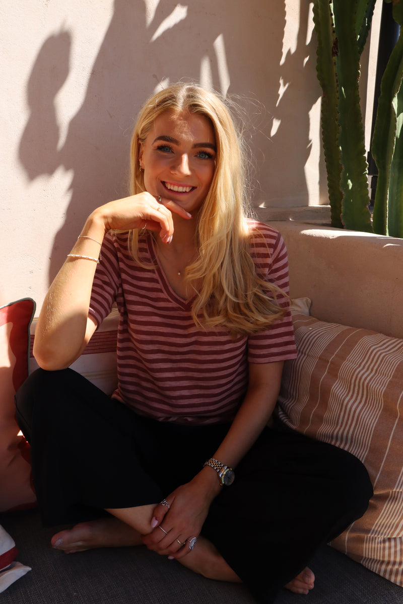 ULLA-SS-VNECK-STRIPE-TSHIRT - ROSE DARK ROSE STRIPE