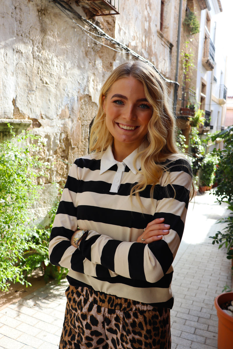 POLO-LS-SHIRT - CREAMY BLACK STRIPE