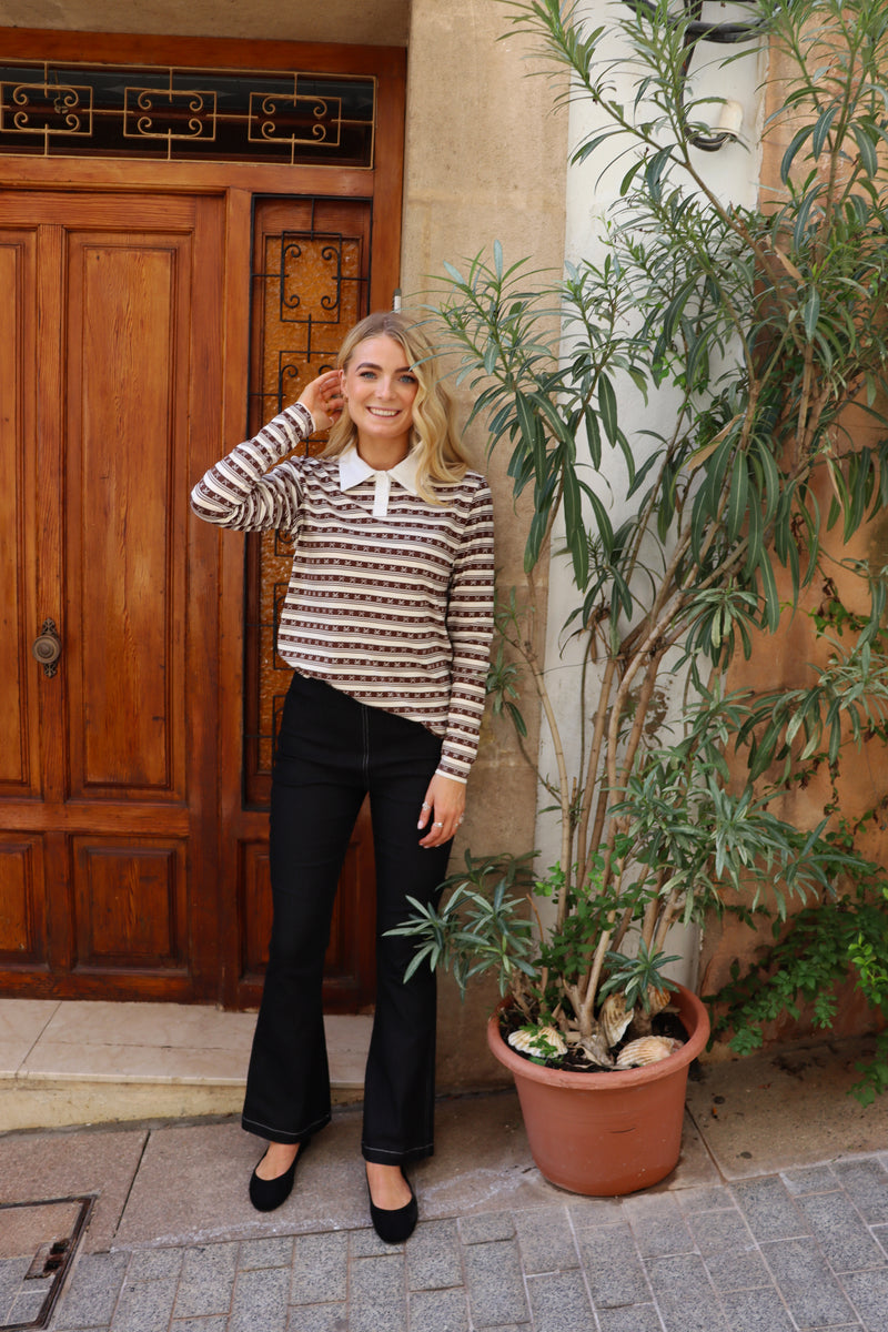 POLO-LS-BOW-SHIRT - BROWN CREME BOW STRIPE