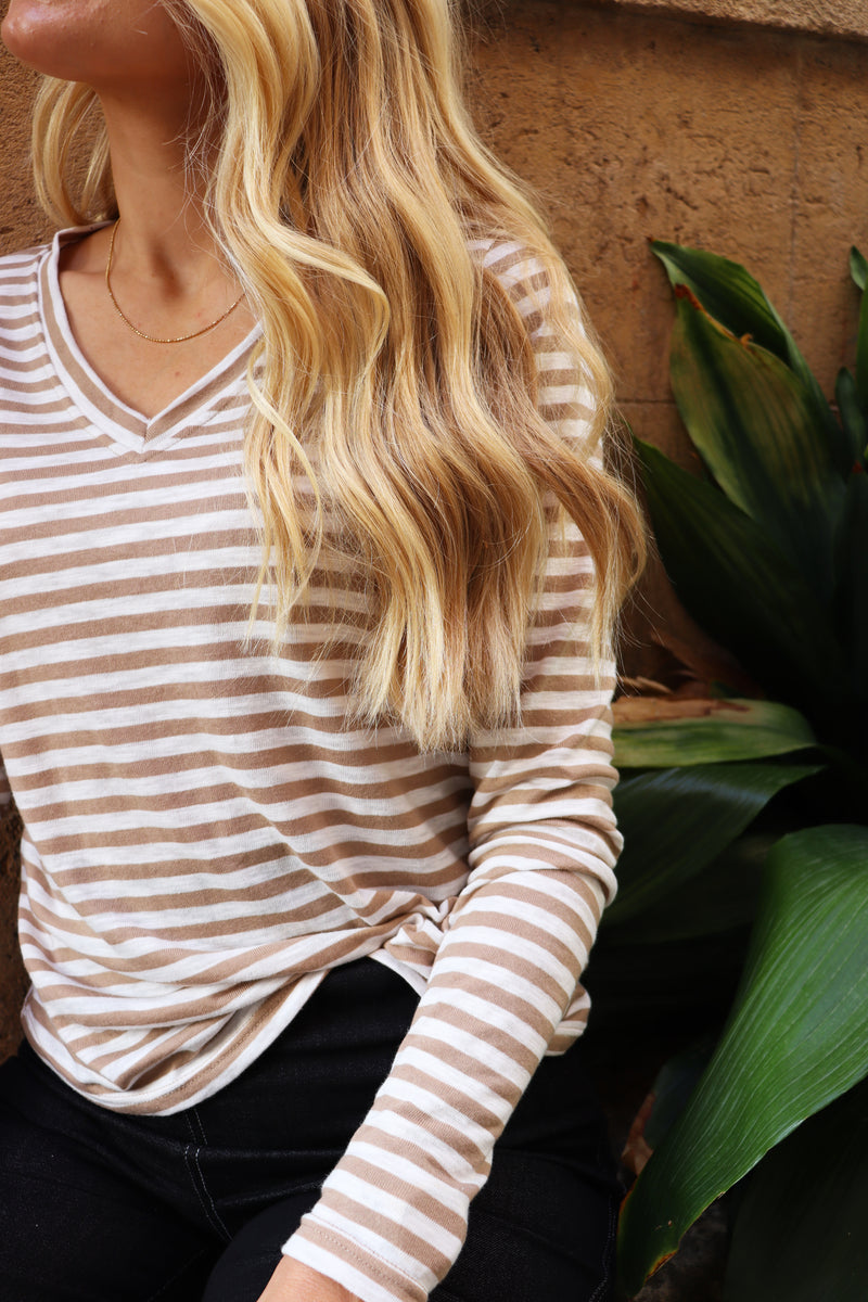 ULLA-LS-VNECK-STRIPE-TSHIRT - SAND WHITE STRIPE