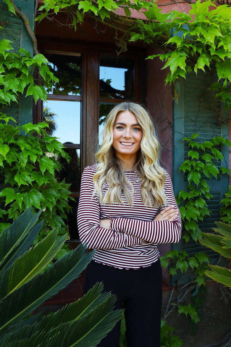 NATALIA LS ROUND NECK BLOUSE - BORDEAUX CREME GOLD STRIPE