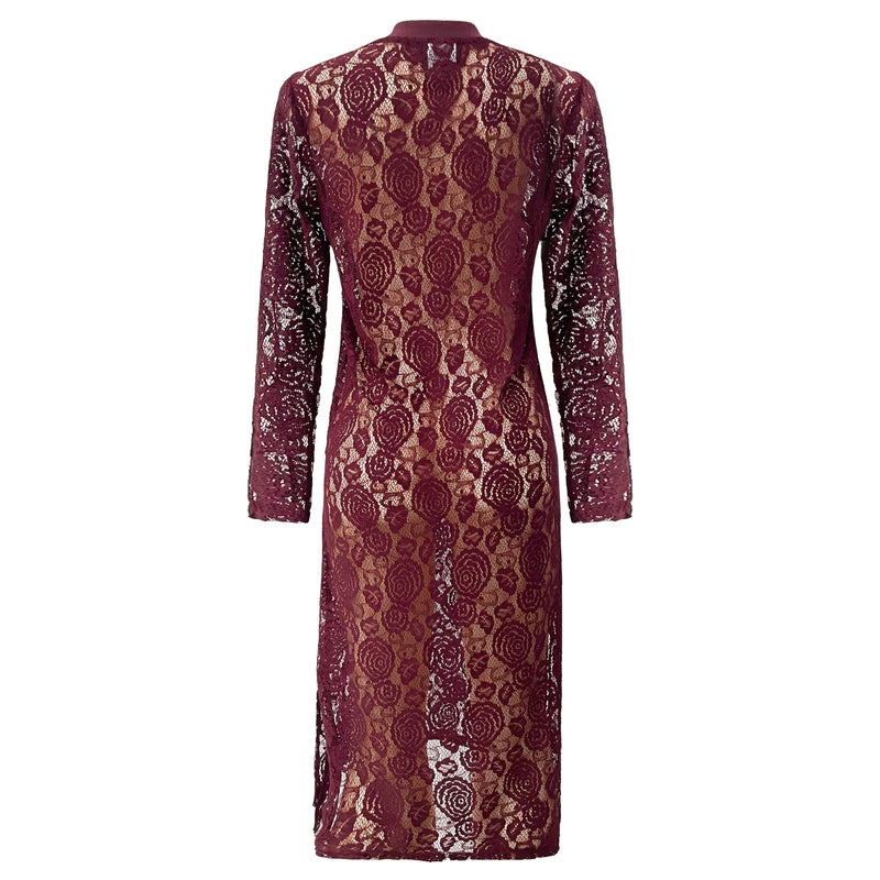 LACY LS LONG DRESS - BORDEAUX LACE
