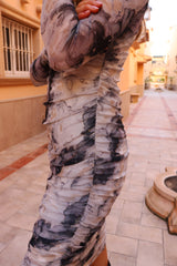 MESH LS LONG DRESS - BLACK GREY MARBLE