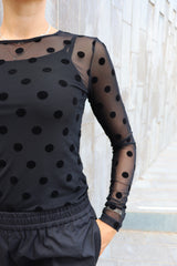 MESH LS TSHIRT - BLACK BIG FLOCK DOT