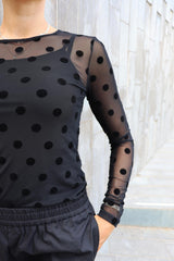 MESH LS TSHIRT - BLACK BIG FLOCK DOT