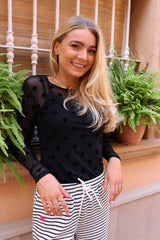 MESH LS TSHIRT - BLACK BIG FLOCK DOT