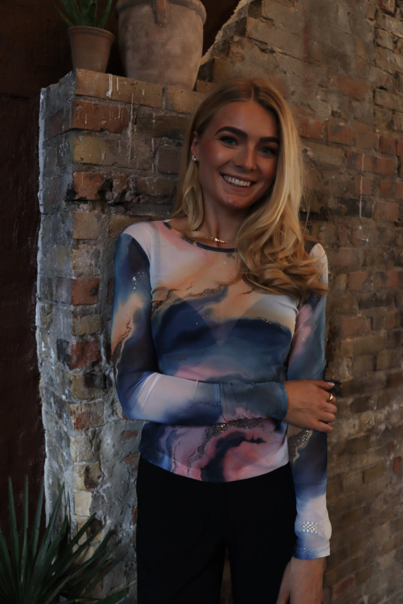 MESH LS TSHIRT - BLUE PEACH GOLD MARBLE
