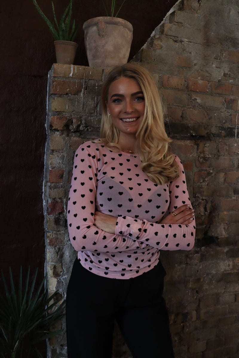 MESH LS TSHIRT - ROSE BLACK FLOCK HEART