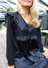 NOR LS FRILL DRESS - BLACK SEQUINS