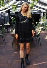 NOR LS FRILL BLOUSE - BLACK SEQUINS