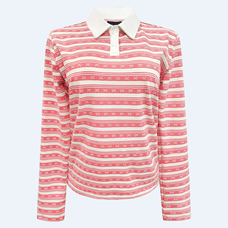 POLO-LS-BOW-SHIRT - BUBBLEGUM CREME BOW STRIPE