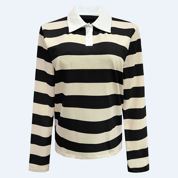 POLO-LS-SHIRT - CREAMY BLACK STRIPE