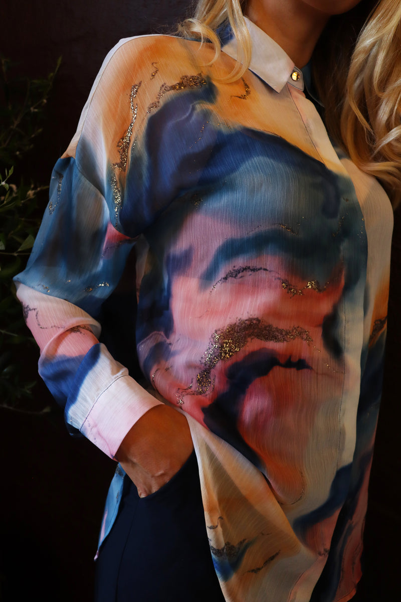 SARAFINA LS SHIRT - BLUE PEACH GOLD MARBLE