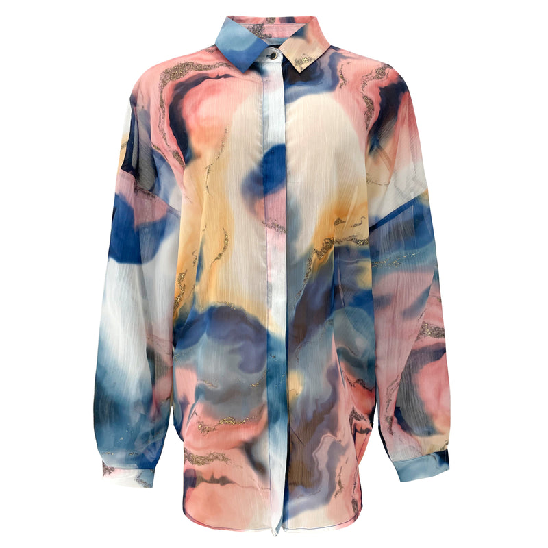 SARAFINA LS SHIRT - BLUE PEACH GOLD MARBLE