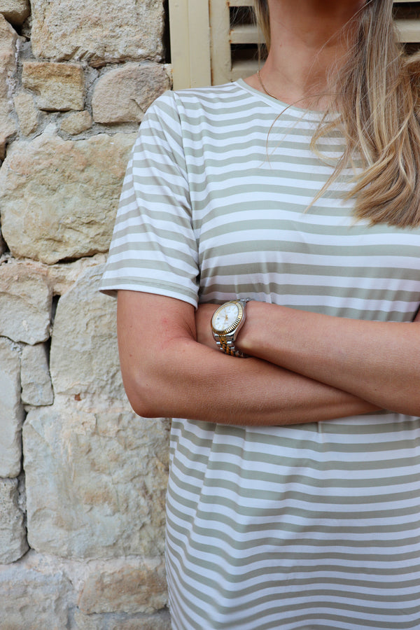 ALMA-TSHIRT-DRESS - SAND IVORY STRIPE