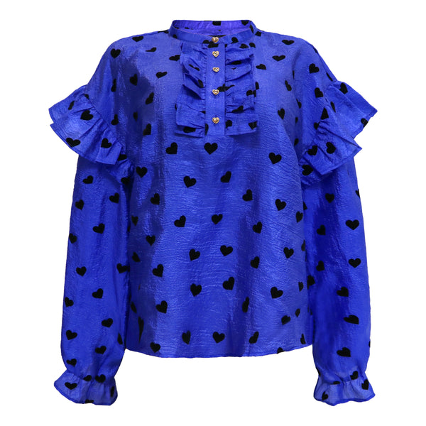 TIA-LS-FRILL BLOUSE - COBOLT BLUE BLACK HEART