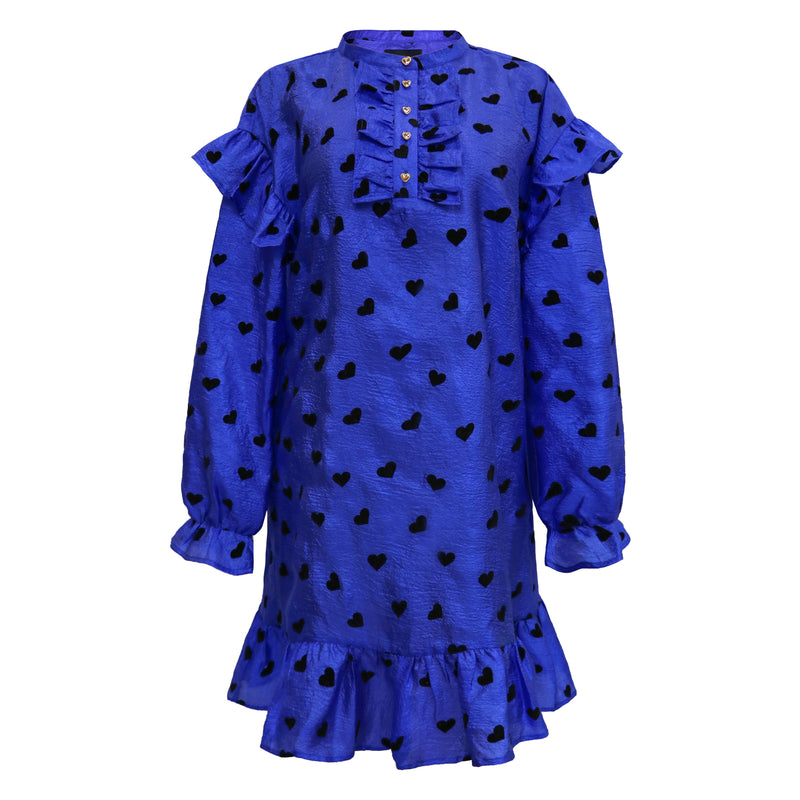 TIA-LS-FRILL DRESS - COBOLT BLUE BLACK HEART