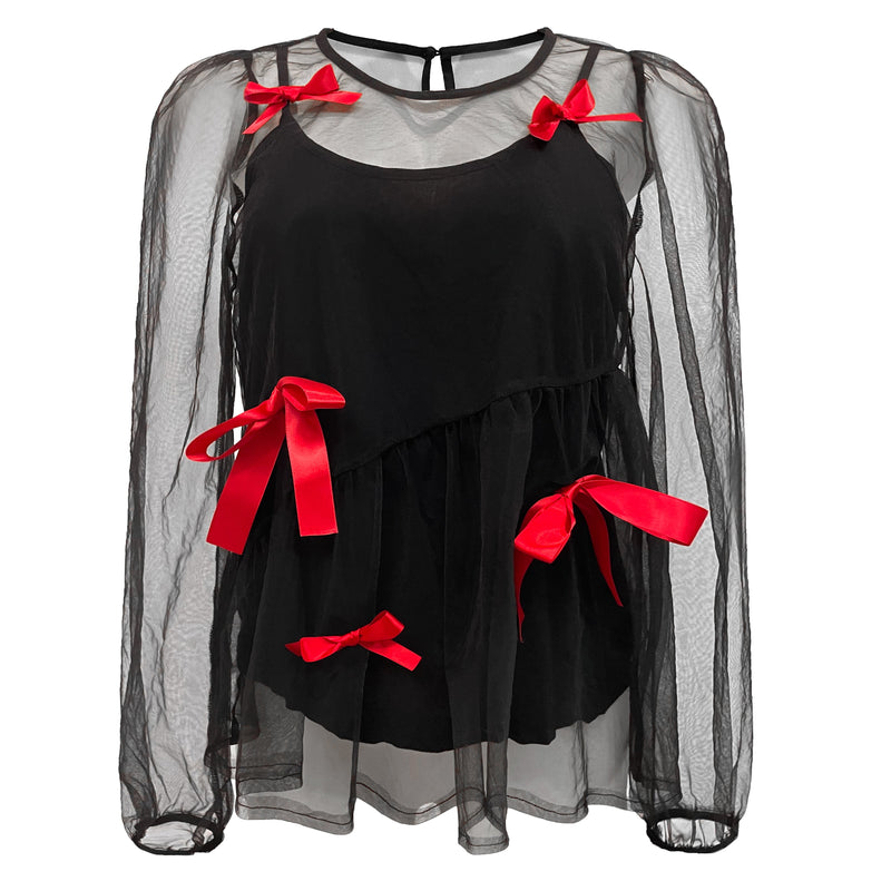 TULLE-LS-BOW-BLOUSE - BLACK RED BOW