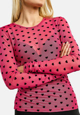 MESH LS TSHIRT, FLOCK - DARK PINK HEART