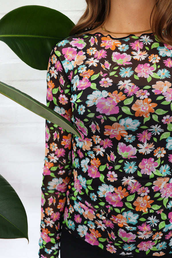 MESH-TOP - MINT ORANGE FLOWERS