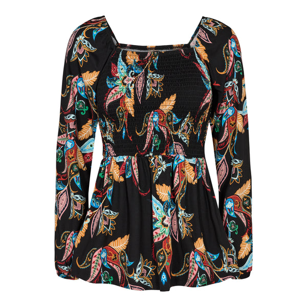 ALMA-LS-SMOCK-TOP - BLACK MULTICOLOR PAISLEY