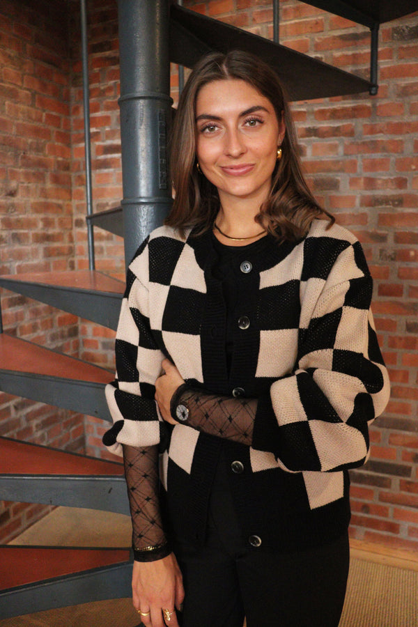 HILDA-CARDIGAN - BLACK CREME CHECK